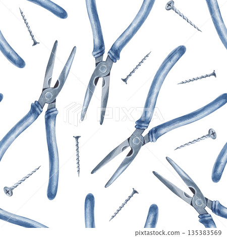 Seamless pattern with pliers and self-tapping screws on an isolated background. Watercolor illustration with realistic working tools. It is suitable for wrapping paper, wallpaper and any design in Seamless pattern with pliers and self-tapping screws on an isolated background. Watercolor illustration with realistic working tools. It is suitable for wrapping paper, wallpaper and any design in 135383569