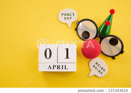 April fools' day calendar with funny prank items 135383620