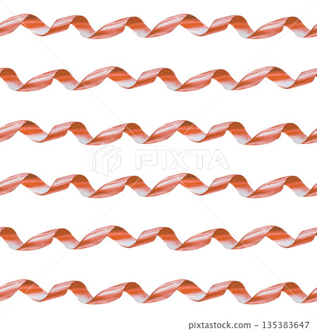 Seamless horizontal pattern with spirally swirling red ribbon, hand-drawn. Watercolor illustration on an isolated background. A realistic template for the design of any holiday, wallpaper, packaging Seamless horizontal pattern with spirally swirling red ribbon, hand-drawn. Watercolor illustration on an isolated background. A realistic template for the design of any holiday, wallpaper, packaging 135383647