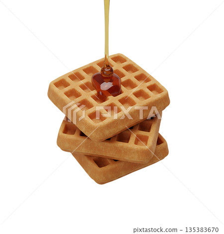 Stack of golden brown waffles with syrup pouring over the top, 3d isolated. Ideal for breakfast menus, cozy cafes, and food ads Stack of golden brown waffles with syrup pouring over the top, 3d isolated. Ideal for breakfast menus, cozy cafes, and food ads 135383670