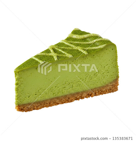 Delicious slice of matcha green tea cheesecake with crumbly biscuit base, isolated. Perfect for modern dessert menus, cafes, and food blogs Delicious slice of matcha green tea cheesecake with crumbly biscuit base, isolated. Perfect for modern dessert menus, cafes, and food blogs 135383671