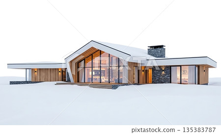 Modern Snowy House with Wooden Accents and Large Windows 135383787
