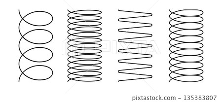 Spiral spring set. Metal wire coil spring icon collection. Thin zigzag waves line symbol. Flexible coil shapes. Loop line pattern. Vector illustration isolated on white background. 135383807