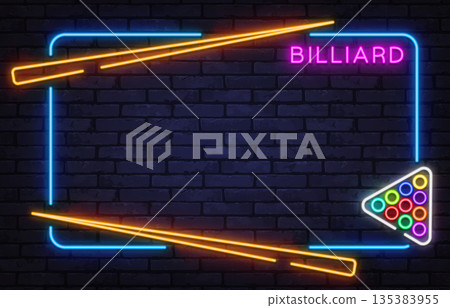 Stylish neon billiard frame with cues and colorful balls. Ideal for pool clubs, game rooms, or sports bar visuals. Stylish neon billiard frame with cues and colorful balls. Ideal for pool clubs, game rooms, or sports bar visuals. 135383955
