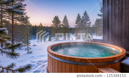 A cozy and luxurious scene featuring a round cedar hot tub on a wooden deck. Steam rises from the warm turquoise water, contrasting with the cold, snow-covered landscape of tall pine trees. The soft b 135384153