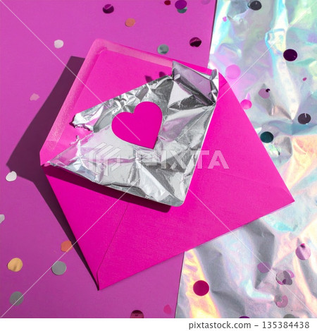 Pink Envelope with Heart Cutout on Metallic and Purple Confetti Background 135384438