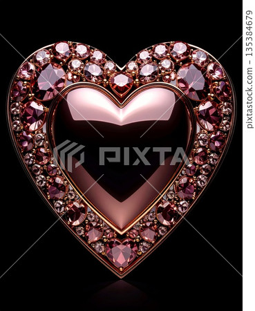 Heart Shaped Jewel Encrusted Pendant with Dark Pink Gemstones on Black Background 135384679