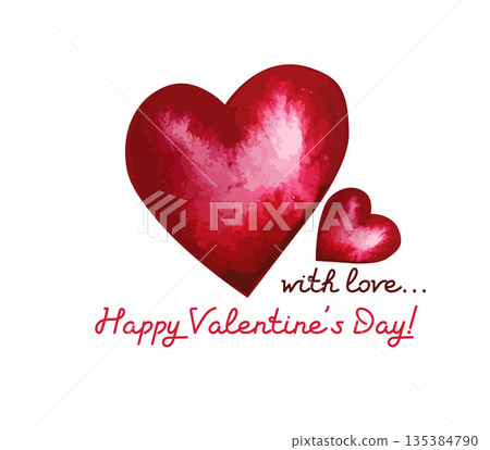 Valentine's Day card. Red watercolor heart. Hand drawn. Not AI, vector illustration. 135384790