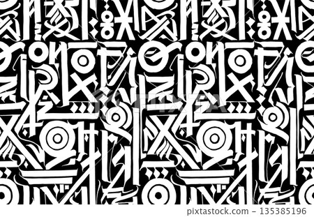 White brush calligraphy symbols seamless pattern on black background, decorative ornamental composition for elegant design projects and backgrounds White brush calligraphy symbols seamless pattern on black background, decorative ornamental composition for elegant design projects and backgrounds 135385196