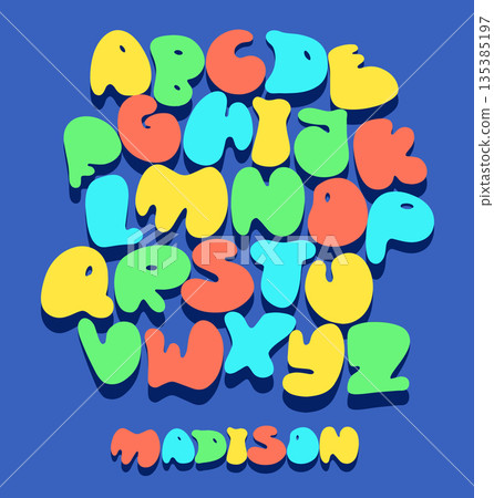 Bubble balloon alphabet font. Vector playful bubble gum style with cute letters in a cartoon candy aesthetic. Perfect for kids books, posters, and fun designs. Vector illustration Bubble balloon alphabet font. Vector playful bubble gum style with cute letters in a cartoon candy aesthetic. Perfect for kids books, posters, and fun designs. Vector illustration 135385197