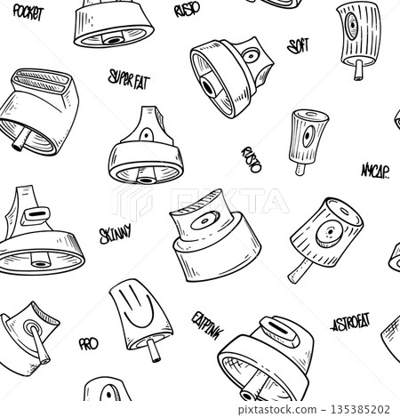 Seamless pattern with graffiti caps, spray can nozzles, and hand-drawn tags. Urban street art background with lettering elements in hip-hop style Seamless pattern with graffiti caps, spray can nozzles, and hand-drawn tags. Urban street art background with lettering elements in hip-hop style 135385202