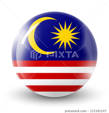 Glass light ball with flag of Malaysia. Round sphere, template icon. Malaysian islands national symbol. Glossy realistic ball, 3D abstract vector illustration. Big bubble 135385247