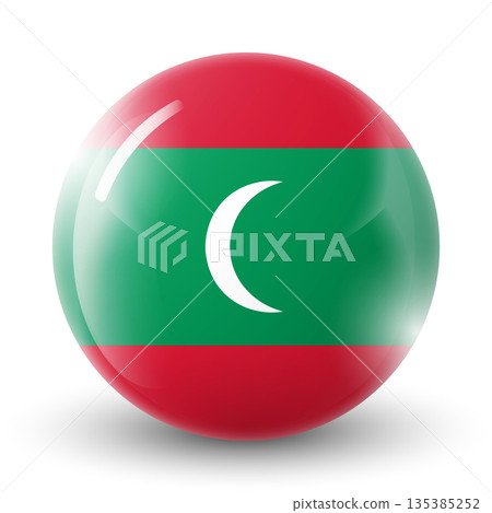 Glass light ball with flag of Republic of Maldives. Round sphere, template icon. Maldives national symbol. Glossy realistic ball, 3D abstract vector illustration. Big bubble 135385252