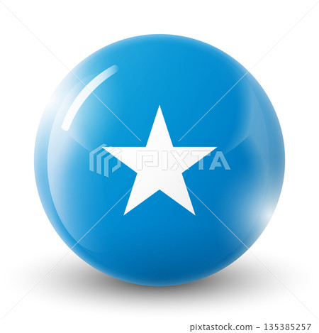 Glass light ball with flag of Somalia. Round sphere, template icon. Somali national symbol. Glossy realistic ball, 3D abstract vector illustration highlighted on a white background. Big bubble Glass light ball with flag of Somalia. Round sphere, template icon. Somali national symbol. Glossy realistic ball, 3D abstract vector illustration highlighted on a white background. Big bubble 135385257