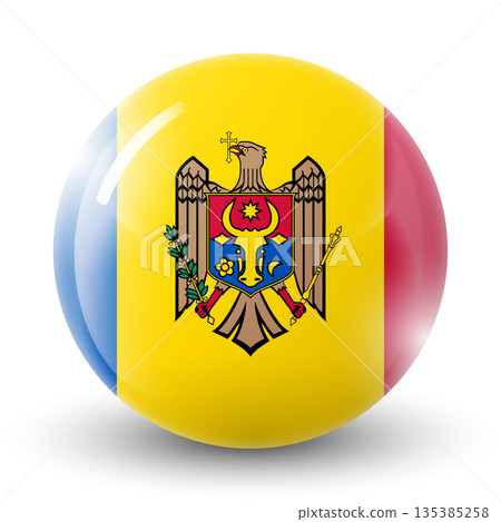 Glass light ball with flag of Moldova. Round sphere, template icon. Moldavian national symbol. Glossy realistic ball, 3D abstract vector illustration. Big bubble 135385258