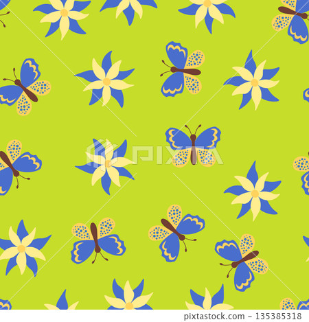 Seamless blooming floral pattern based on hand drawn art ornaments. Colorful flowers, leaves, plants on color background. Vector illustration. Simple minimalistic pattern for fabric, textile 135385318