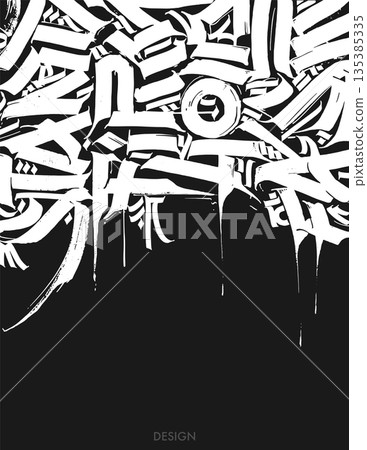 Hand drawn abstract brush strokes and ornamental lettering elements in white paint on a black background. Grunge style artistic composition Hand drawn abstract brush strokes and ornamental lettering elements in white paint on a black background. Grunge style artistic composition 135385335
