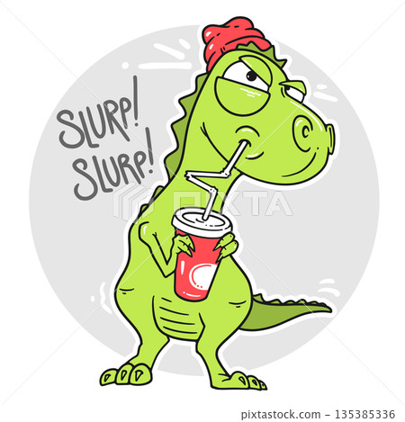 Funny cartoon dinosaur wearing a cap and sipping a drink through a straw from a cup. Cute and playful illustration Funny cartoon dinosaur wearing a cap and sipping a drink through a straw from a cup. Cute and playful illustration 135385336
