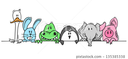 Cute cartoon animal faces peeking out fun and playful character heads for children design and decor 135385338