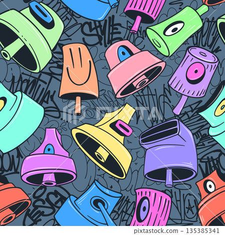 Seamless Pattern with Graffiti Caps and Various Tags in Graffiti Style 135385341