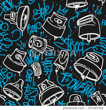 Seamless Pattern with Graffiti Caps and Various Tags in Graffiti Style Seamless Pattern with Graffiti Caps and Various Tags in Graffiti Style 135385342