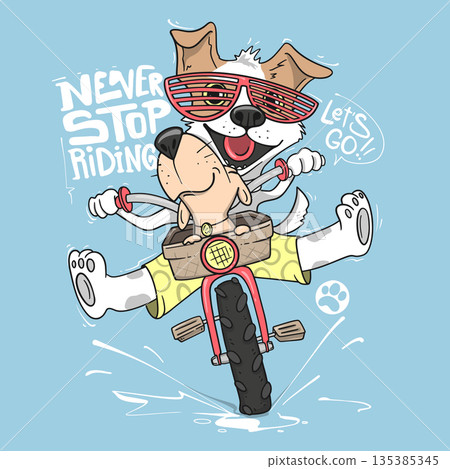 Cute dogs riding bike through puddles, fun and playful design, ideal for t-shirts 135385345