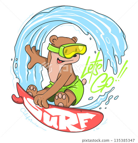 Cute Surfer Bear Vector Illustration for Kids T-Shirt Print and Summer Beach Design Cute Surfer Bear Vector Illustration for Kids T-Shirt Print and Summer Beach Design 135385347