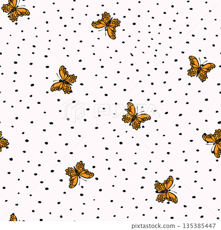 Seamless pattern with funny colorful Butterflies, flowers. Color flat vector illustration for invitation, poster, card, textile, fabric. Butterfly graphic design print. Trendy animal motif wallpaper Seamless pattern with funny colorful Butterflies, flowers. Color flat vector illustration for invitation, poster, card, textile, fabric. Butterfly graphic design print. Trendy animal motif wallpaper 135385447