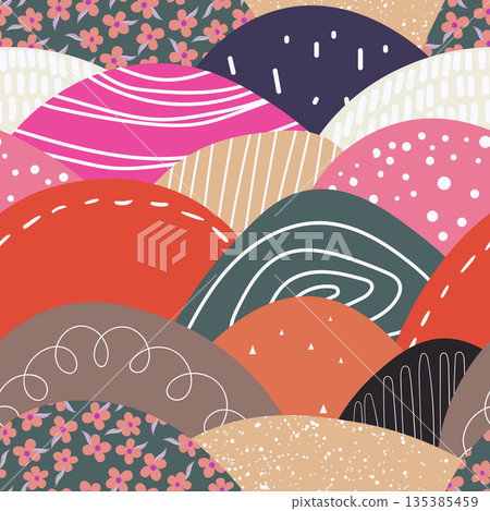 Seamless floral pattern based on traditional folk art ornaments. Colorful flowers on color background. Scandinavian style. Sweden nordic style. Vector illustration. Simple minimalistic pattern Seamless floral pattern based on traditional folk art ornaments. Colorful flowers on color background. Scandinavian style. Sweden nordic style. Vector illustration. Simple minimalistic pattern 135385459
