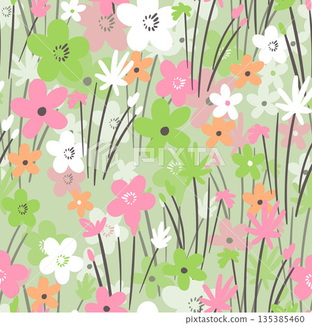 Seamless floral pattern based on traditional folk art ornaments. Colorful flowers on color background. Scandinavian style. Sweden nordic style. Vector illustration. Simple minimalistic pattern Seamless floral pattern based on traditional folk art ornaments. Colorful flowers on color background. Scandinavian style. Sweden nordic style. Vector illustration. Simple minimalistic pattern 135385460