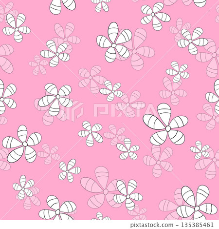 Seamless floral pattern based on traditional folk art ornaments. Colorful chamomile, daisy flowers on color background. Doodle style. Vector illustration. Simple minimalistic pattern 135385461