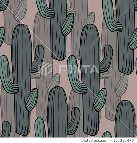 Seamless pattern with cacti, blooming succulent on color background. Vector hand drawn illustration for packaging, fabric, textile. Wild west cactus, western concept 135385476