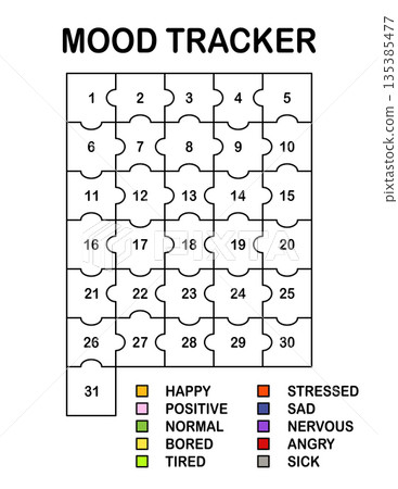 Mood tracker in pixels. Calendar munthly, yearly, weekly, dayly organizer. Calendar for personal and work issues. Feelings Planner, habit tracker. Vector illustration. 135385477