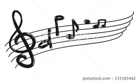 Music note design element in hand drawn style, sketchy and playful lines, imperfect and organic look, simple black ink drawing, artistic and creative feel, perfect for music-themed designs. 135385482
