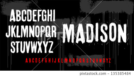 Raw brush stroke handwritten grunge alphabet, dirty textured vector font with rough edges and artistic grunge effect 135385484