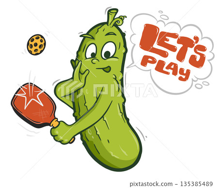 Cartoon Pickleball character swings, hits the ball, and says Let's play 135385489