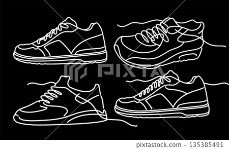 Continuous One-Line Sneaker Drawing Vector Set on a Black Background, Minimalist Monoline Illustration Pack Continuous One-Line Sneaker Drawing Vector Set on a Black Background, Minimalist Monoline Illustration Pack 135385491