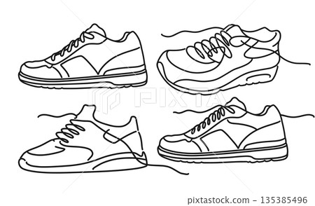 Continuous one-line sneaker drawing vector set on a white background. Minimalist monoline illustration for modern design and fashion projects Continuous one-line sneaker drawing vector set on a white background. Minimalist monoline illustration for modern design and fashion projects 135385496