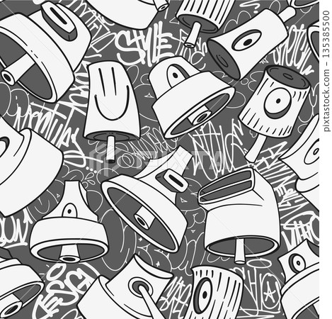 Seamless pattern with graffiti caps, spray can nozzles, and hand-drawn tags. Urban street art background with lettering elements in hip-hop style 135385500