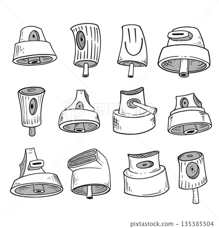 Graffiti caps and spray can nozzles set in hip-hop street art style. Urban collection of elements from graffiti culture. Print design Graffiti caps and spray can nozzles set in hip-hop street art style. Urban collection of elements from graffiti culture. Print design 135385504