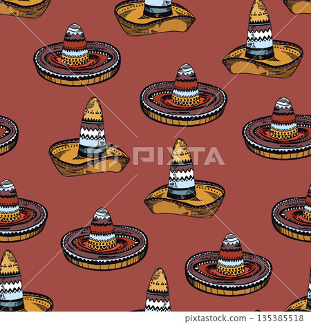 Seamless patterm with Mexican ethnic sombrero hat. Vector drawing illustration for packaging, wallpaper, fabric. Wild west, Mexico, Cuba concept. Traditional Mexican wide brimmed hat 135385518