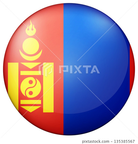 Glass light ball with flag of Mongolia. Round sphere, template icon. Mongolian national symbol. Glossy realistic ball, 3D abstract vector illustration. Big bubble 135385567