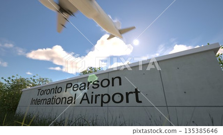 Departures at Toronto Pearson International Airport with airplane leaving overhead, Toronto, Canada 3D rendering Departures at Toronto Pearson International Airport with airplane leaving overhead, Toronto, Canada 3D rendering 135385646