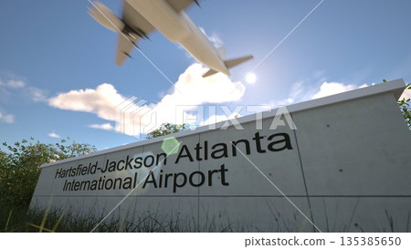 Outgoing flight concept at Hartsfield Jackson Atlanta International Airport terminal sign with jet takeoff, Atlanta, United States 3D rendering 135385650