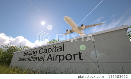 Outgoing flight concept at Beijing Capital International Airport terminal sign with jet takeoff, Beijing, China 3D rendering 135385652