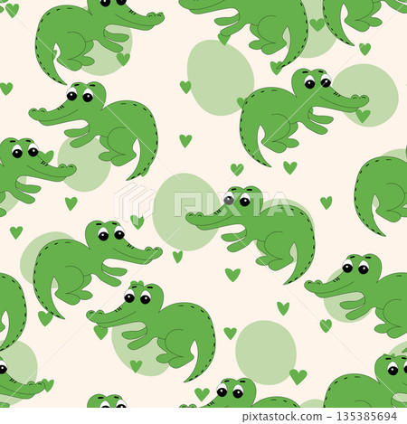 Animal seamless pattern with cartoon crocodiles on color background. Cute holiday illustration with crocodile for baby. Design for invitation, poster, card, fabric, textile, wrapper 135385694
