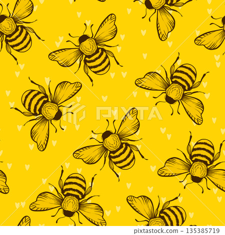 Seamless pattern with bees. Small wasp. Vector illustration. Design for invitation, cards, textile, fabric. Doodle style Seamless pattern with bees. Small wasp. Vector illustration. Design for invitation, cards, textile, fabric. Doodle style 135385719