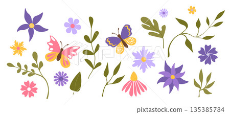 Floral set hand drawn color flowers, leaves, plants. Spring and summer cute isolated elements. Clip art for stationery, web design. Modern floral compositions. Vector illustration Floral set hand drawn color flowers, leaves, plants. Spring and summer cute isolated elements. Clip art for stationery, web design. Modern floral compositions. Vector illustration 135385784