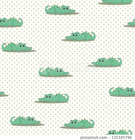 Animal seamless pattern with cartoon crocodiles on color background. Cute holiday illustration with crocodile for baby. Design for invitation, poster, card, fabric, textile, wrapper Animal seamless pattern with cartoon crocodiles on color background. Cute holiday illustration with crocodile for baby. Design for invitation, poster, card, fabric, textile, wrapper 135385796