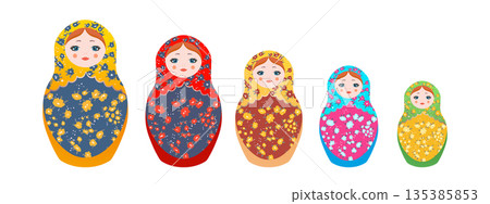 Russian Matryoshka. Traditional Russian folklore dolls with big eyes and lips. Babushka doll with hohloma, traditional painted floral pattern. Set with hand drawn vector illustration Russian Matryoshka. Traditional Russian folklore dolls with big eyes and lips. Babushka doll with hohloma, traditional painted floral pattern. Set with hand drawn vector illustration 135385853